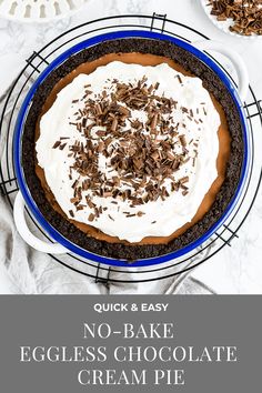 no - bake eggless chocolate cream pie on a white table with text overlay