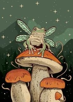 a frog sitting on top of a mushroom in the night sky with stars behind it