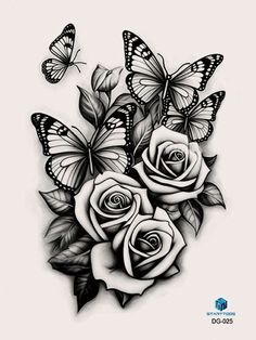 roses and butterflies tattoo design on the back of a woman's shoulder, with two butterflies