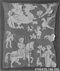 an old black and white photo of a piece of cloth with images of people on it