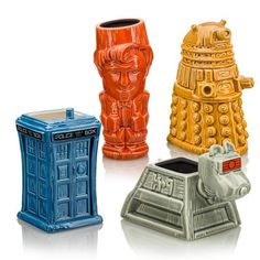 three doctor who mugs are shown in different colors