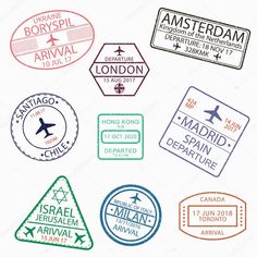 passport stamps with the names and destinations on white background, set of different shapes and sizes