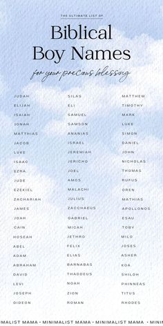 the biblical boy names in blue watercolor on a white background with clouds above it