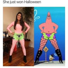 a woman in fishnet stockings and boots next to an image of a cartoon character