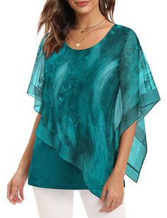 PRICES MAY VARY. 【SeSe Code Double Layered Mesh Blouses】 Stay comfortable and cool in the summer with our breathable design. Perfect for leisure activities, party, evening, wedding, vacations, beach outings, and daily work wear. 【Flowy Poncho】 The asymmetrical poncho top is very friendly for slightly fat people,it really hide your belly well with the layers,draping sleeve also can cover your arms,make you look more beautiful, stylish, elegant. 【Comfy Lining】 Because the inner layer is a very com Wedding Vacations, Draping Sleeve, Long Grey Cardigan, Tops For Women Casual, Poncho Top, Mesh Blouse, Poncho Tops, Stylish Top, Poncho Style