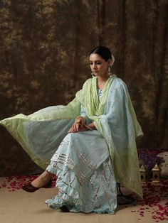 Ambika - Neel Sharara set - Trendroots Cotton Sharara Suits, Ombre Dupatta, Turquoise Suit, Cotton Sharara, Block Printed Suits, Heavy Dupatta, Kurta Sharara Set, Kurta Sharara, Sharara Suit