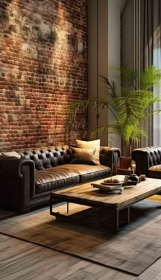 a living room with two couches and a coffee table in front of a brick wall