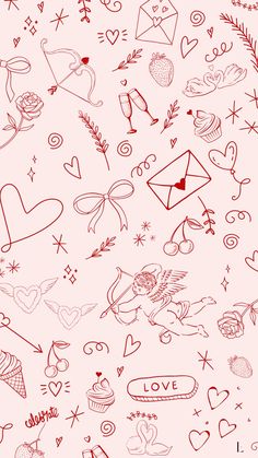 a pink background with hearts, arrows and other symbols on it's side that says love