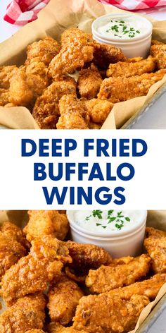 deep fried buffalo wings with ranch dips on the side and text overlay that reads deep fried buffalo wings