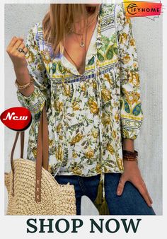 Ethnic Bohemian Floral Print Long Sleeve V-neck Women Blouse Top Patterned Printed V-neck Blouse, Fall Bohemian V-neck Blouse, Bohemian V-neck Peasant Top With Floral Print, Multicolor V-neck Peasant Top For Fall, Bohemian V-neck Top With Boho Print, Bohemian V-neck Blouse With Boho Print, Spring Folk Style V-neck Peasant Top, Multicolor V-neck Peasant Top For Festival, Fall Beach V-neck Blouse