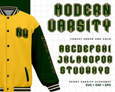 a yellow and green baseball jacket with the words modern varsity written in bold black letters