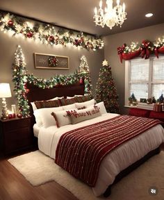 a bedroom decorated for christmas with lights and garlands on the wall above the bed