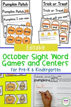 pumpkin themed sight word games and centers for pre - k and kindergarts