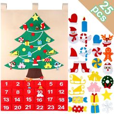 felt advent calendar velcro, felt christmas calendar kids Toddler Christmas Tree, Felt Advent Calendar, Fabric Advent Calendar, Christmas Tree Advent Calendar, Christmas Tree With Presents, Toddler Christmas Gifts, Felt Crafts Christmas, Christmas Countdown Calendar, Felt Tree