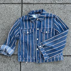 Size M New With Tag Flat Measurement Length 22” Chest 20.5” Across Shoulder 17 3/4” Sleeve Length 23.5” Trendy Blue Denim Jacket For Everyday, Trendy Blue Denim Jacket Relaxed Fit, Trendy Blue Relaxed Fit Denim Jacket, Striped Denim, Crop Jean Jacket, English Factory, Denim Trucker Jacket, Oversized Denim Jacket, Floral Jacket