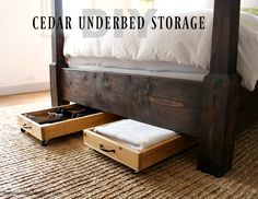 a bed with two drawers underneath it and the words cedar underbed storage above it