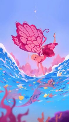 a pink butterfly flying over the ocean with its wings spread out and feet in the air