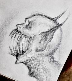 a pencil drawing of a bull's head with its mouth open