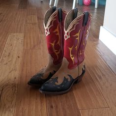 Excellent Used Condition. Boulet Cowboy Boots. Shades Of Brown, Red, And Gold. Western Style Boots With Snip Toe And Red Sole, Fall Boots With Red Sole And Snip Toe, Casual Red Snip Toe Boots, Red Boots With Reinforced Heel And Almond Toe, Fitted Red Boots For Rodeo, Red Fitted Boots With Almond Toe, Fitted Red Almond Toe Boots, Red Fitted Almond Toe Boots, Red Fitted Boots For Rodeo