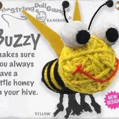 Handmade Buzzy the Bee String Doll Keychain with vibrant yellow and black design, fabric tag, and lobster clasp. Doll Character, Doll Keychain, Husband Valentine, Bee Inspired, Voodoo Doll, Beautiful Bugs, Voodoo Dolls, Bees Knees, Fabric Tags