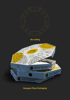 three pizza boxes stacked on top of each other in front of a black background with the words die cutting