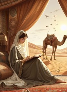 a woman sitting on top of a bed next to a camel