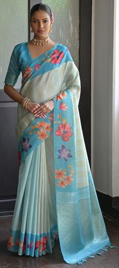 Blue color Saree in Banarasi Silk fabric with Floral, Printed, Weaving work Blue Floral Print Traditional Wear For Festive Occasions, Festive Blue Saree With Printed Motifs, Festive Blue Floral Print Dupatta, Traditional Blue Saree With Floral Print, Blue Floral Print Saree For Festivals, Traditional Blue Floral Print Fabric, Blue Color Saree, Reception Lehenga, Engagement Reception