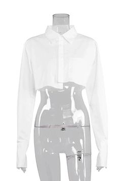 Cropped Polo Long-Sleeves| MABEL LOVE Sabrina Concert, Blusas Crop Top, Crop Top Blanc, White Crop Blouse, Shirt Crop Top, White Collared Shirt, Women Blouses Fashion, Dream Future, Crop Top Casual