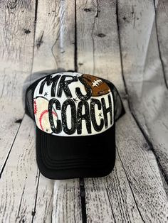 Personalized Mrs. Coach trucker hat! Each hat is hand-painted, so each will be different and unique. Hand Painted Trucker Hats, Football Mom Shirts, Painted Hats, Football Mom, Mom Shirts, Cricut Projects, Trucker Cap, Trucker Hat, Caps Hats