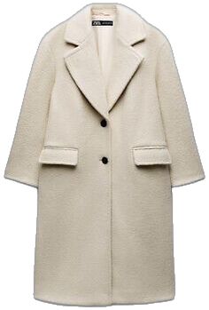 Chic Cream Sweater Coat For Fall, Elegant Oversized Beige Wool Coat, Chic Beige Wool Coat With Lapel Collar, Chic Long Beige Wool Coat, Classic White Long Wool Coat, Chic Beige Long Wool Coat, Beige Long Wool Coat With Button Closure, Elegant Beige Wool Coat With Pockets, White Wool Long Coat