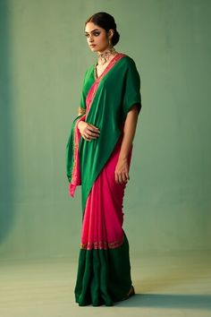 Green and pink habutai silk saree with dori, marori and zardosi hand embroidery. - Aza Fashions Pink Raw Silk Pre-draped Saree For Transitional Season, Pink Pre-draped Saree With Dupatta In Slub Silk, Pink Silk Pre-draped Saree With Dori Work, Green Pre-draped Saree With Zari Work In Dola Silk, Pink Slub Silk Pre-draped Saree For Designer Wear, Green Saree With Naqshi Detailing, Green Dola Silk Pre-draped Saree With Dori Work, Pink Pre-draped Saree With Sheer Dupatta For Puja, Pink Slub Silk Pre-draped Saree With Dupatta