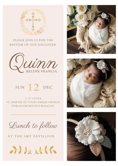 the birth announcement is shown with three photos of a baby in a blanket and flowers