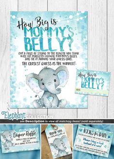 an elephant themed birthday party with blue watercolors and white lettering on the front