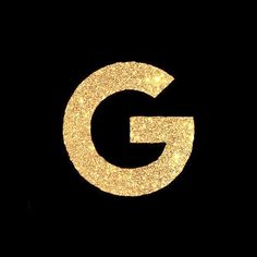 the letter g is made up of gold glitter and sparkles on a black background