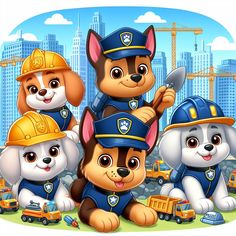 three puppies dressed in police uniforms standing next to each other with construction equipment behind them