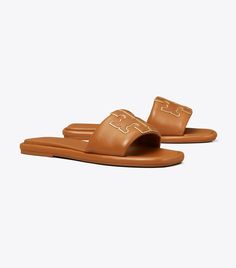 Double T Sport Slide: Women's Designer Sandals | Tory Burch Classic Slides With Calf Leather Footbed, Classic Calf Leather Slides With Leather Lining, Sleek Leather Slip-on Slides, Classic Leather Slides With Stitched Sole, Classic Leather Slides, Classic Slides With Cushioned Footbed, Miller Sandal, Woven Sandals, Tory Burch Sandals