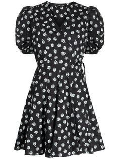 black/white cotton all-over floral print wrap design V-neck side tie fastening short puff sleeves thigh-length Cotton Wrap Dress, Black And White Floral, Wrap Dress Floral, Black Wrap Dress, Curator Style, Puff Sleeves, White Cotton, Day Dresses, Size Clothing