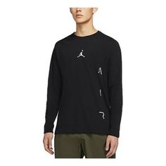 Jordan Air Athleisure Casual Sports Long Sleeves T-shirt Black DB4367-010 (Men's) Dri-fit Crew Neck T-shirt For Sportswear, Dri-fit Graphic Print T-shirt For Sportswear, Black Technical Activewear With Graphic Print, Dri-fit Crew Neck Top For Sports Season, Technical Black Activewear With Graphic Print, Sportswear Jersey Crew Neck Top, Athletic Fit Crew Neck T-shirt For Athleisure, Sportswear Jersey Tops With Crew Neck, Jersey Crew Neck Tops For Sportswear