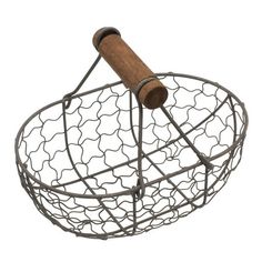 a metal basket with a wooden handle and cork in it, on a white background