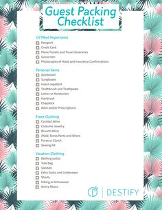 a checklist with palm leaves on it and the words guest packing checklist written in blue