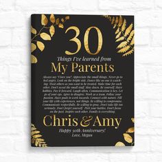 a black and gold 30th birthday card with the words, 30 things i learned from my parents