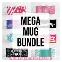 the mega mug bundle is on display in front of a white background with pink, blue and