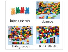 four different types of legos are shown in this image, including bear counters and domino cubes