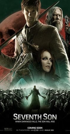 the movie poster for seventh son, which features two men and one woman with swords