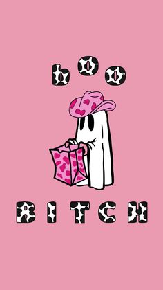 a ghost holding a pink gift box with the word kiss written in black on it