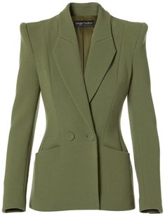 Wool crepe double breasted jacket with square lapel and padded shoulder. 100% Wool Lining: 91.5% Silk | 8.5% Lycra Dry clean only Made in USA Free Domestic Shipping Chic Shift Dresses, Luxe Swimwear, How To Style A Maxi Dress, Sergio Hudson, Design Your Own Shoes, Wool Crepe, Green Square, Lapel Jacket, American Fashion Designers