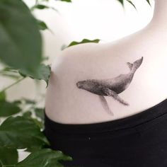 a whale tattoo on the back of a woman's left side ribcage