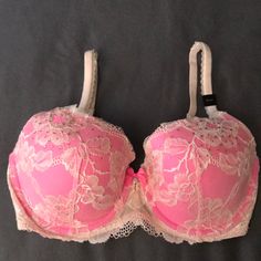 Victoria’s Secret Demi Cut Bra. Color Is Pink With Cream Lace And Jewels, Pink Bow Tie And Vs Heart. Size Is 32ddd. Bra Is New And Has Only The Shoulder Tag Attached. Pink Lace Push-up Bra, Pink Lace Bra With Lace Trim, Pink Fitted Underwire Bra, Fitted Pink Underwire Bra, Pink Lace Feminine Bra, Feminine Pink Lace Bra, Summer Lace Pink Bra, Victoria's Secret Pink Bra With Built-in Bra, Pink Push-up Bra With Lace Trim