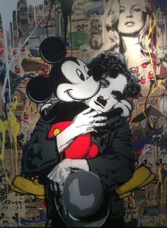 a painting of mickey and minnie mouse hugging each other