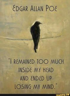 a black bird sitting on top of a white wall next to a sign that says, i remain too much inside my head and ended up losing my mind